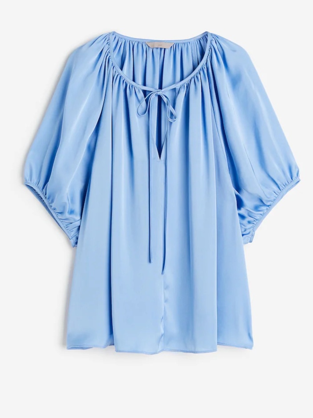 H&M tie front blouse short sleeve loose oversized draped satin bow periwinkle